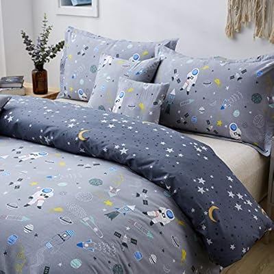 Brandream Kids Bedding Sets Twin Size Outer Space Themed Boys Astronaut Bedding Gray 100 Cotton Duvet Cover Sets Reversible Zipper Closure Amazon Sg Home