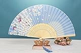 Japanese Handheld Folding Fan, Cherry Blossoms on Pink and Green HF59