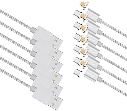 hyranger 6Packs[5th gen]Super Magnetic Charger Type-C and Micro USB connectors 2in1 Reversible Charging Cable 3Ft/1m Nylon braided Data Sync Cord USB-C+Micro USB Interface For Android(silver)