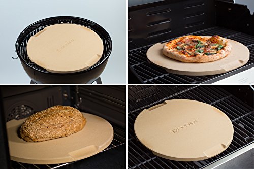 Pizza Stone 15" Round Baking & Grilling Stone, Perfect for Oven, BBQ and Grill. Innovative Double - faced Built - in 4 Handles Design