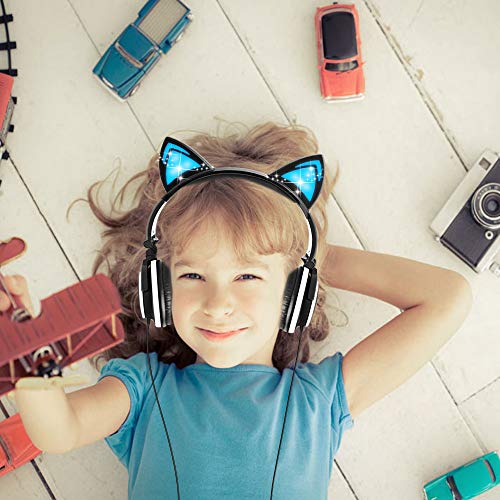 Esonstyle Kids headphones Over Ear with LED Glowing Cat Ears,Safe Wired Kids Headsets 85dB Volume Limited, Food Grade Silicone, 3.5mm Aux Jack, Cat-Inspired Pink Headphones for Girls (black)