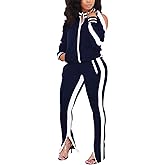 BOGURST Women 2 Piece Outfit Casual Off Shoulder Patchwork Color Block Sweatsuits Long Pant Set Lounge Tracksuits