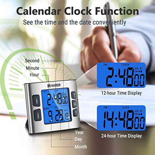 Habor Kitchen Timer for Coooking, Digital Dual Cooking Timer with Calendar Clock, 4-Level Adjustable Alarm Volume, Larger Backlit Display, Stronger Magnets, Count-up & Countdown for Cooking Study Exer