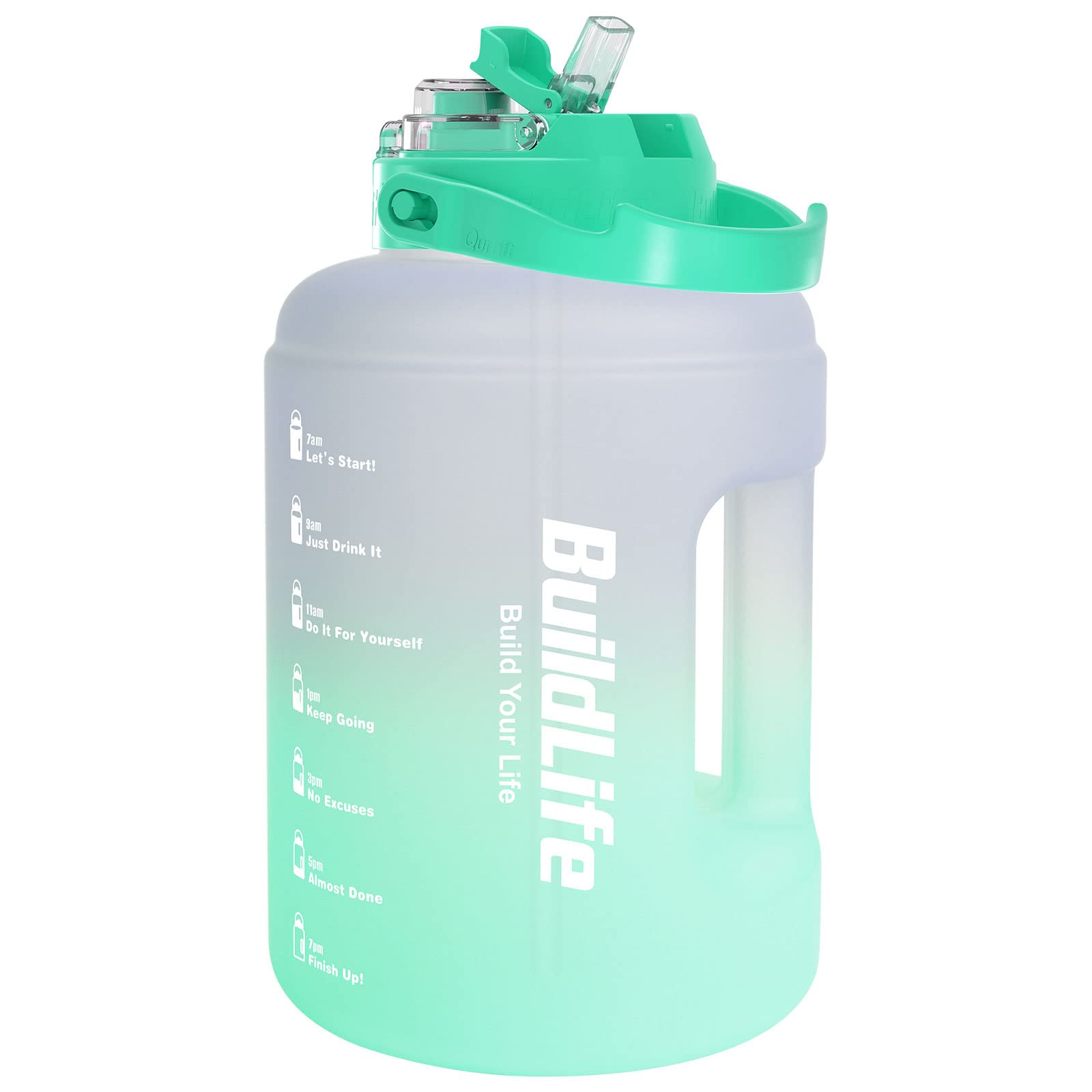 BuildLife Water Bottles with Straw & Flip Cap 2 in 1 Lid - Large Water Bottle with Time Markings BPA Free Leak Proof Wide Mouth Drinks Bottle,2.5 Litre Durable Sports Water Bottle (Purple Green)