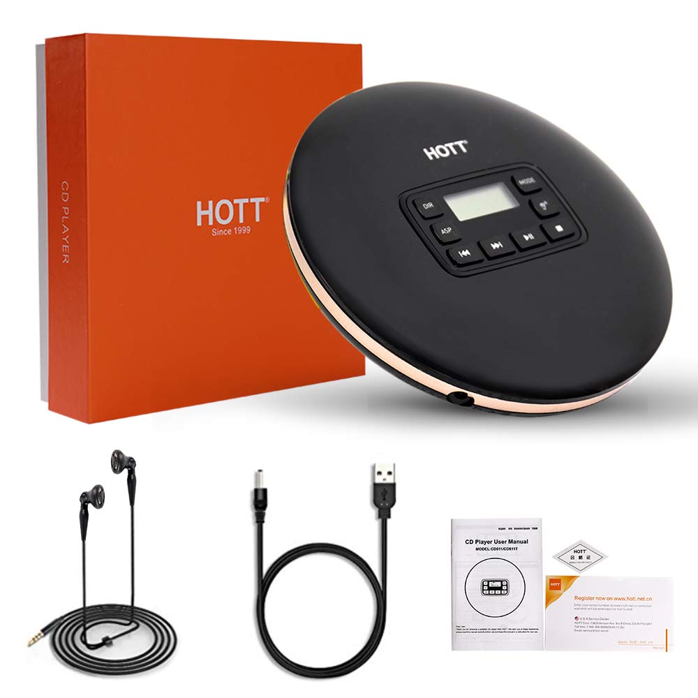 HOTT CD611 CD Player Portable Anti-Shock Personal Portable CD Player with Headphones USB AUX Output for Car Travel Home - Black