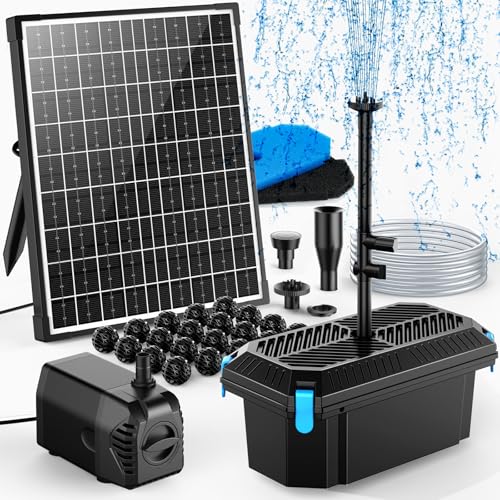 POPOSOAP 20W Solar Pond Filter with Fountain Pump, Complete Pond Filtration Set and Solar Fountains for Small Garden Ponds, Aquariums and Water Games