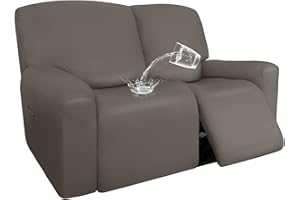 Easy-Going PU Leather Recliner Loveseat Slipcovers, Waterproof Stretch Sofa Covers, 6 Pieces Stretch Furniture Protector, Elastic Strap Shield Pets Kids Children Cats Dogs Taupe