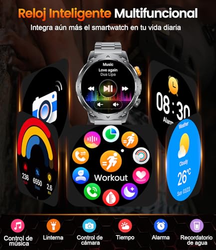 HIRREO EF24 Smartwatch Hombre-Linterna LED, Batería 1000mAh Larga Duración, Pantalla HD 1,85", 100 Modos Deportivos, IP68 Impermeable, Llamadas Bluetooth, 3 Correas, Compatible Android iOS, Negro