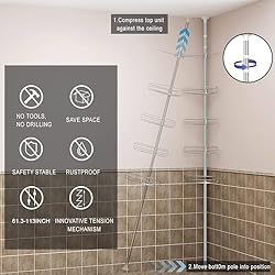 ALLZONE Corner Shower Caddy Tension Pole, 4-Tier