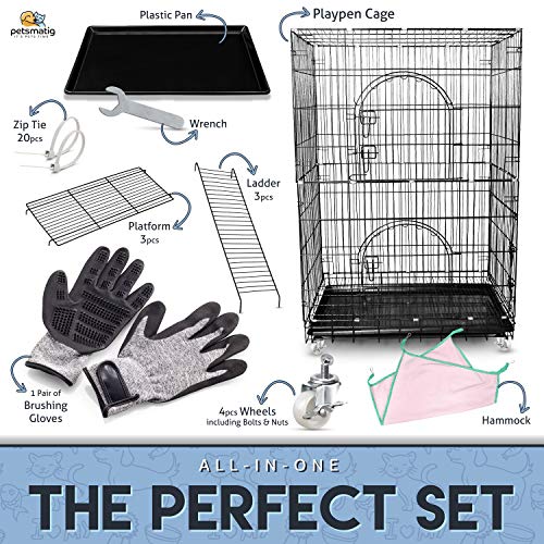 Petsmatig-Wire-Cat-Cage-Spacious-Foldable-Metal-Pet-Crate-Playpen-with-3-Openings-3-Platforms-3-Ladders-1-Hammock-1-Bottom-Tray-4-Wheels-and-Free-Grooming-Gloves