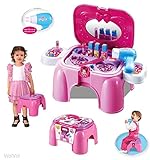 WolVol Electric Take Along Kids Salon Vanity Playset Activities with Mirror and Working Hair Dryer, Folds into Step Stool (Pink)