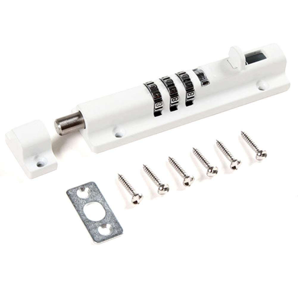 Combination Locking Bolt,Zinc+Stainless Steel Pin, 4-Dial Combination Sliding Bolt Lock Security Combination Bolt Anti Theft Safe Password Lock with Mounting Accessories (White)