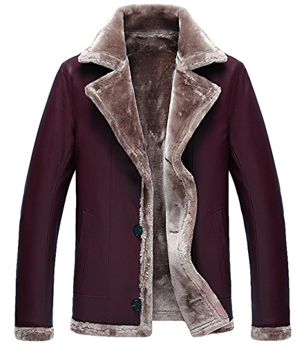 men Button leather jacket winter coat Warm Lamb Wool Lining (M, Maroon)