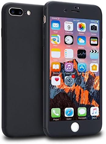 iPhone 7 Plus Case Cover, SenseValue 360 Full Body Protection Hard Slim Case Coated Non Slip Matte Surface with Tempered Glass Screen Protector for Apple iPhone 7 Plus (Black)
