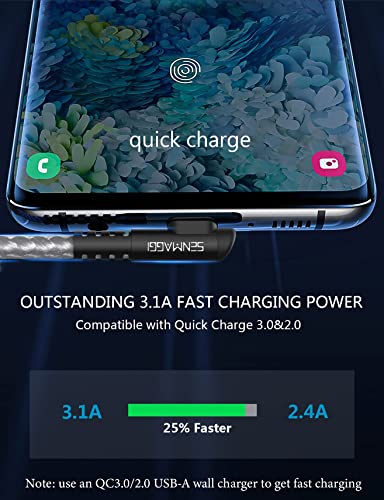 USB C Cable 10ft, SENMAGGI 2-Pack Right Angle 3.1A Fast Charge Type C Cable, Nylon Braided Phone Charger Cord for Samsung Galaxy S20 S10 S9 S8, Note 10 9 8, LG V50 and Other USB C Charger(Silver)