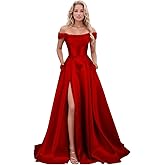 ALFEICE Satin Prom Dresses with Slit Strapless A Line Corset Ball Gowns Off Shoulder Formal Evening Gowns with Pockets