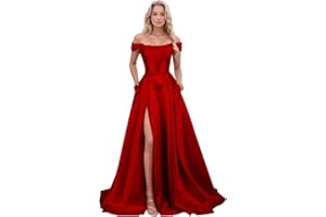 ALFEICE Women's Satin Prom Dresses with Slit Strapless A Line Corset Ball Gowns Off Shoulder Formal Evening Gowns with Pockets