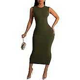 Women's Sexy Casual Bodycon Ribbed Tank Dress Scoop Neck Sleeveless Club Dresses