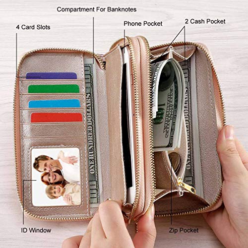KAMO Wallet for Women Zip Around Phone Wallet Wristlet Travel Long Purse for Women Lady Girl 6.9Ã—3.5ï¼ˆDouble Zipperï¼‰