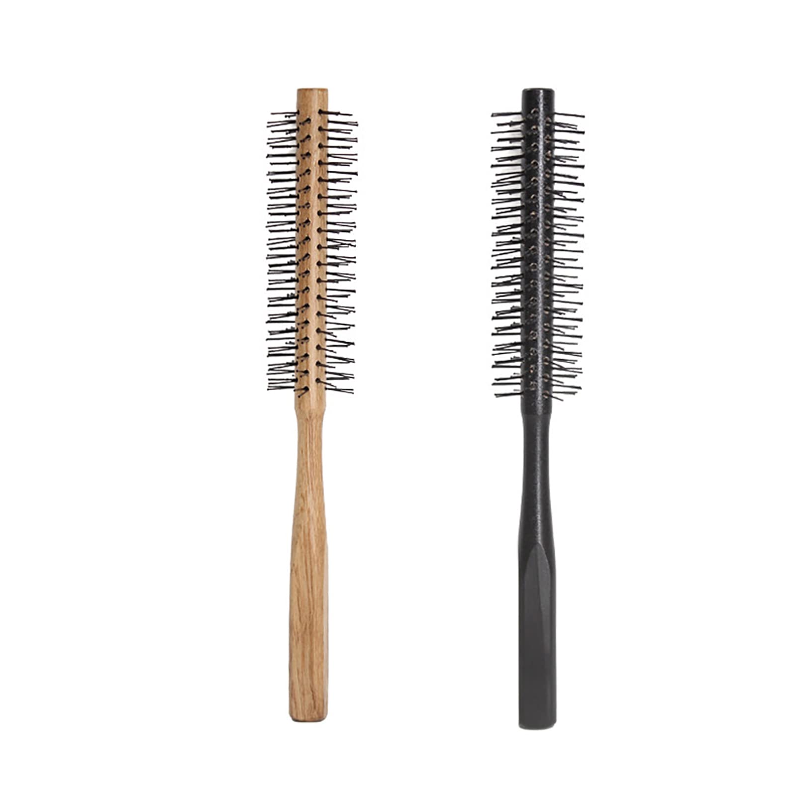 Round Hair Brush, 2Pcs Nylon Rolling Comb, Natural Wood Brush with Glossy Finish, Ideal for Thin, Straight, Curly Hair & Bangs, Beard Styling for Women & Men