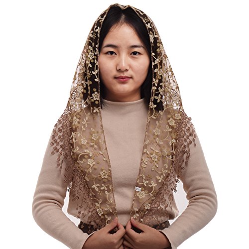 BLESSUME Medieval Headscarf Wimples Women Triangle Veil Classic Mantilla Soft Lace Chapel Veil (Brown)
