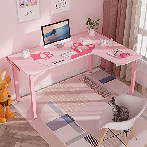 DESIGNA Pink Gaming Desk, 60 Inch Pink L Shaped Gaming Desk, With Full