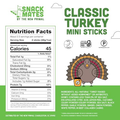 SNACK MATES BY THE NEW PRIMAL, TURKEY STICK, ALL-NATURAL TURKEY, HIGH PROTEIN AND LOW SUGAR KIDS SNACK, CERTIFIED PALEO, CERTIFIED GLUTEN-FREE, LUNCHBOX FRIENDLY, 0.5 OZ, PACK OF 5