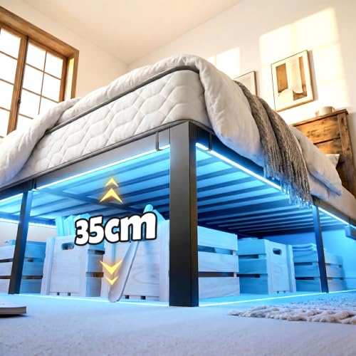FURRIFIC Base Cama Matrimonial con Lámpara LED RGB Inteligente–2 Puertos USB + 2 Enchufes de CA, Control por App y Remoto, Espacio de Almacenamiento Debajo de la Cama, Marco Resistente