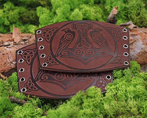 Leather Cuff Bracer - LARP Gauntlet - Leather Wristbands - LARP Accessories Viking Bracers - Viking Thor`s Hammer Ravens - Length 5" - Thumbnail 2