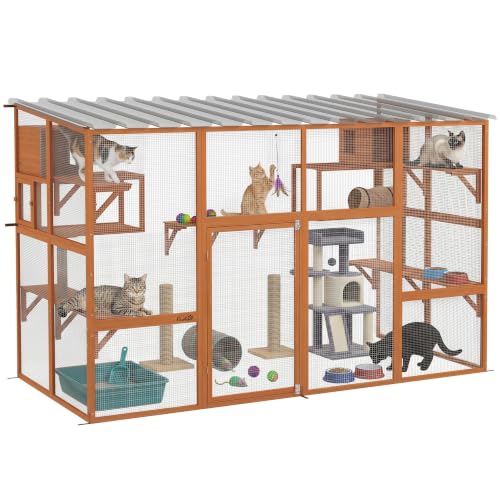 PawHut Catio Outdoor Cat Enclosure, 118" L Large Wooden Outdoor Cat House w/ 2 Condos, 7 Platforms, 2 Scratching Posts, Waterproof Roof, Walk-in Kitty Cage for 1–5 Kittens, Orange