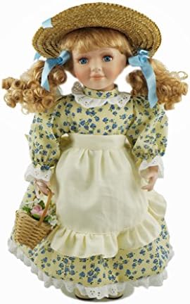 Porcelain Victorian Doll in Country-wear Dress Suit, Standing Baby Girl Doll Holding Flower Basket, Valentine Gift, Home Office Desk Table Decoration ( Blue)