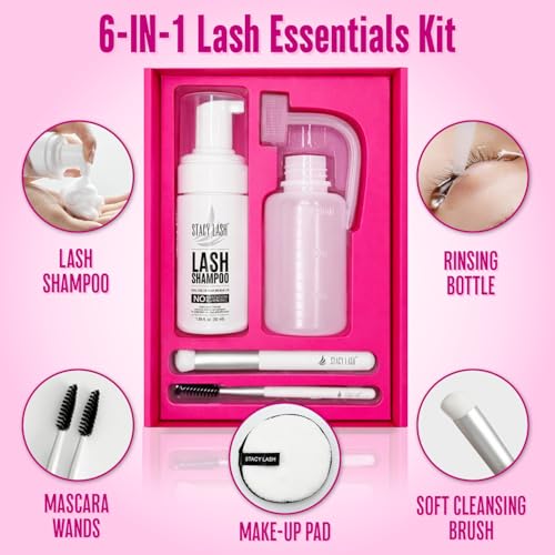 STACY LASH Lash Shampoo 50ml Kit Korean Makeup Remover with Eye Lash Spoolies & Rinse Bottle & Cleansing Pad & Brush for Eyelash Extensions & Clusters & Natural Eyelashes