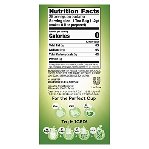 LIPTON GREEN TEA BAGS FLAVORED WITH OTHER NATURAL FLAVORS PURPLE ACAI BLUEBERRY CAN HELP SUPPORT A HEALTHY HEART 1.13 OZ 20 COUNT