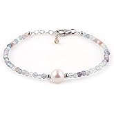 CRYSTALIS Natural Multi Fluorite Beads Slider Bracelet with FW Pearl, High Grade Beaded Crystals, Chakra Healing Gemstone, Gift Giving Women Jewelry, 925 Sterling Silver Slider 10 inch