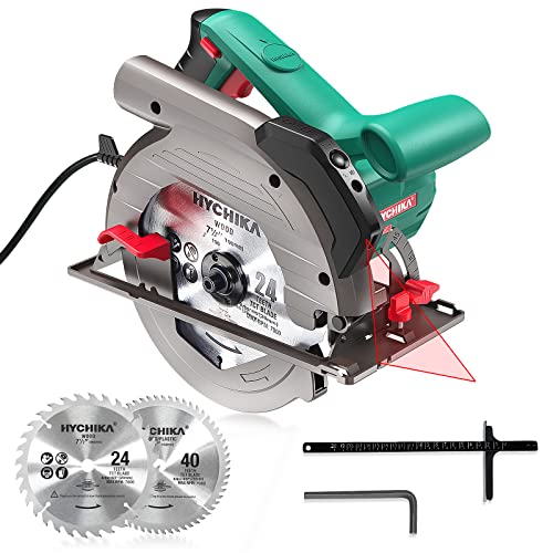 Circular Saw, 1500W HYCHIKA Electric Saw with Speed 4700RPM, Laser Guide, 24T/40T Blades(190mm), Max Cutting Depth: 90°: 65mm/45°: 45mm, Safety Switch, Pure Copper Motor, Dust Extraction