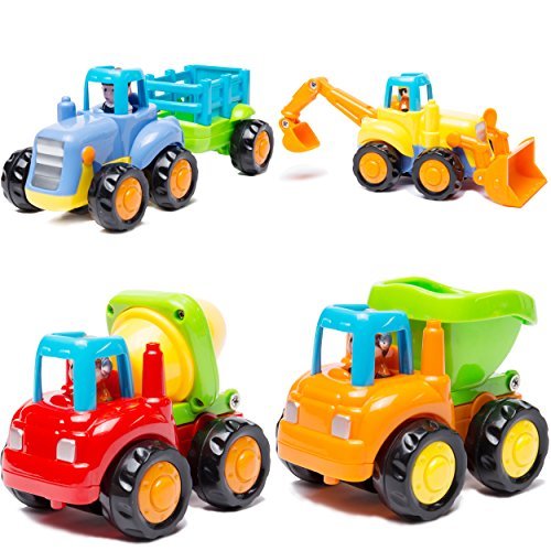 LIDODO Happy engineering team Cartoon Friction Powered Push & Play Vehicles for Toddlers - Dump Truck, Cement Mixer, Bulldozer, Tractor kids car toys
