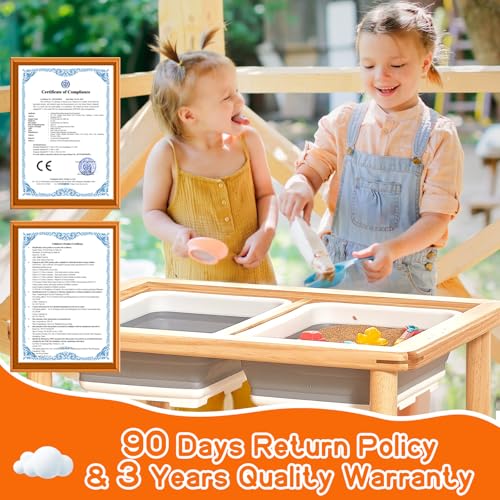 FUNLIO Wooden Sensory Table with 2 Bins for Toddlers 1-5, 3-Level Height Adjustable Kids Play Sand and Water Table, Anti-Warping Plywood Lid, Indoor/Outdoor Use, CPC Certified