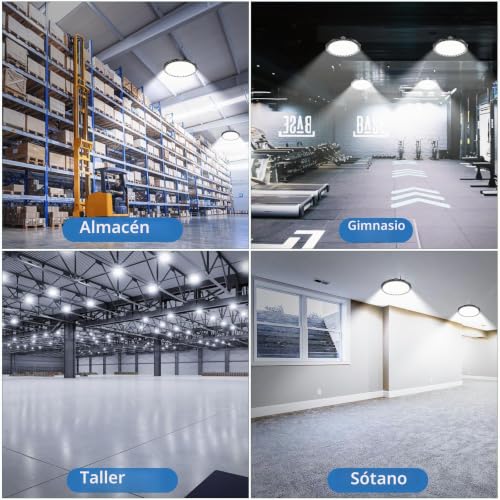 TOPAUBUB 200W UFO LED Interior Ceiling Spotlights, 4 Pieces, LED Ceiling Lamps 20000LM IP65 6500K with Metal Chain 30 cm, Driver, Industrial Spotlight for Garage
