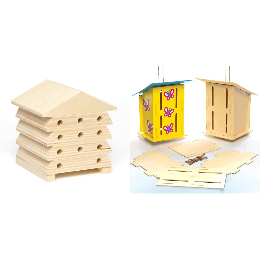 Baker Ross AC805 Wooden Bee Houses-Pack of 2, Perfect for Children to Design and Decorate, Ideal for School Work, Home, Craft Group Tasks & AC811 Wooden Butterfly Houses-Pack of 2, 17cm