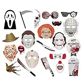 KIPETTO 22Pcs Halloween Photo Booth Props Set Horror Family Party Decorations Mask