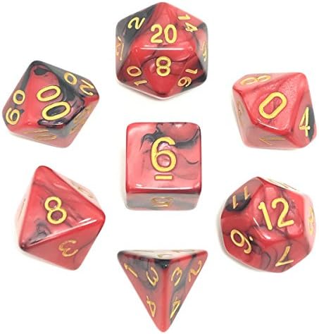 7 Die Polyhedral Dice Set - Black & Red with Gold Numbers, Perfect For DnD, MTG, RPG Role Playing Games (D4, D6, D8, D10, D12, D20) by Flyesto