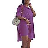 qfmqkpi Women’s Casual 2 Piece Outfits V Neck Side Split Tops and Shorts Set Tracksuit