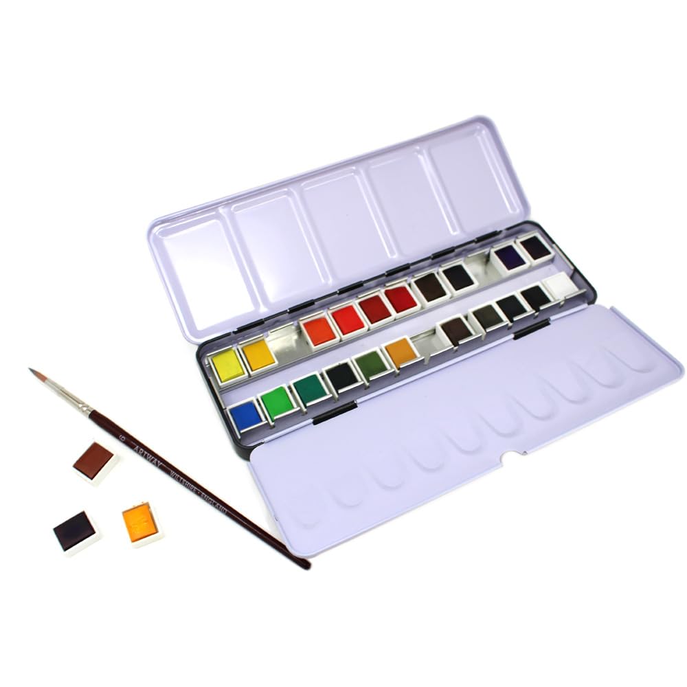 Artway High Pigment Watercolour Paint Set - 24 Half Pans with brush