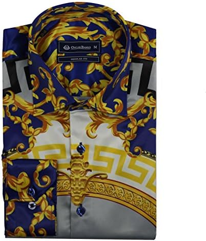 Oscar Banks Mens Retro Designer Blue Gold Mosaic Printed Satin Feel Dress Party Shirt