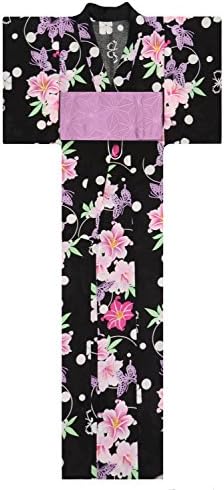 KimonoMode24 Women's Japanese Yukata And Obi Set/ Flower and Butterfly Pattern Free Size Black