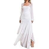 URYIAO Women's Formal Long Sleeve Maxi Dress Asymmetrical Hem Square Neck Mesh Wedding Guest Cocktail Dresses