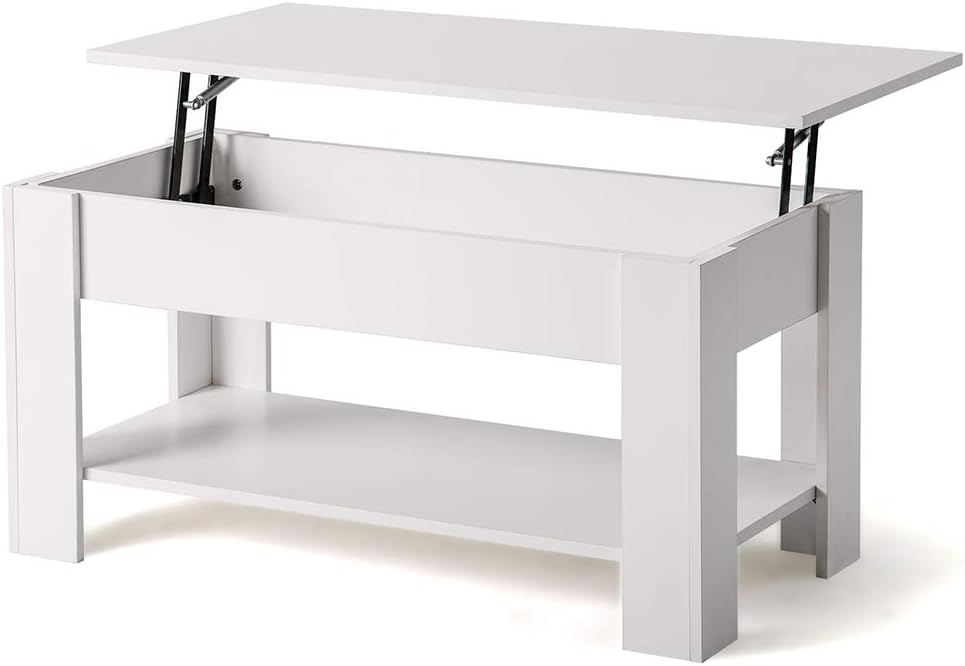 Lift Top Coffee Table, with Storage & Shelf Rectangle Easy to Assemble Solid Wooden Tea Desk for Office Home Living Room Garden - white