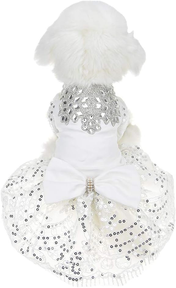 Amazon Com Sparkling Rhinestone Dog Wedding Party Dress Tutu Skirt Luxury Lace Bow Dress Bride Costume For Small Dog Pet Apparel S White Kitchen Dining