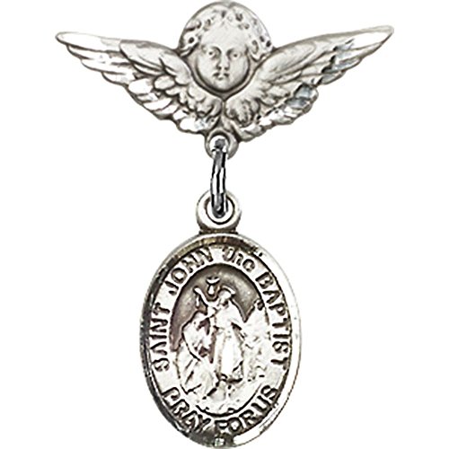 Sterling Silver Baby Badge with St. John the Baptist Charm and Angel w/Wings Badge Pin 7/8 X 3/4 inches