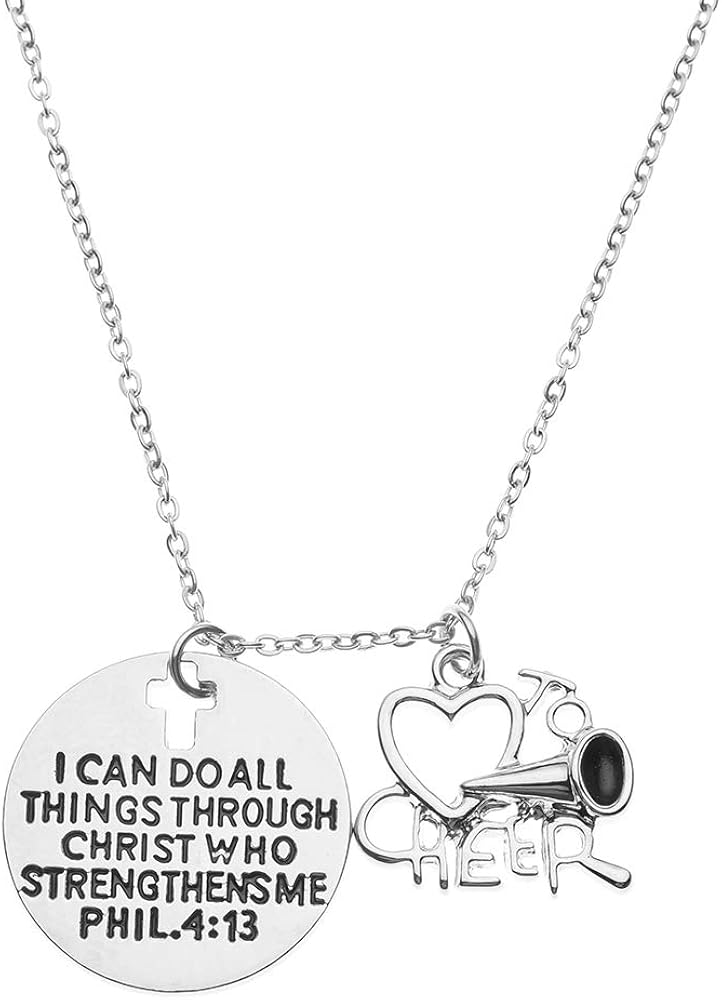 Cheer Christian Necklace, Faith I Can Do All Things Through Christ Who Strengthens Me Phil. 4:13 Pendent, Scripture Jewelry Christian Gifts Verse Bible Gift for Cheerleaders